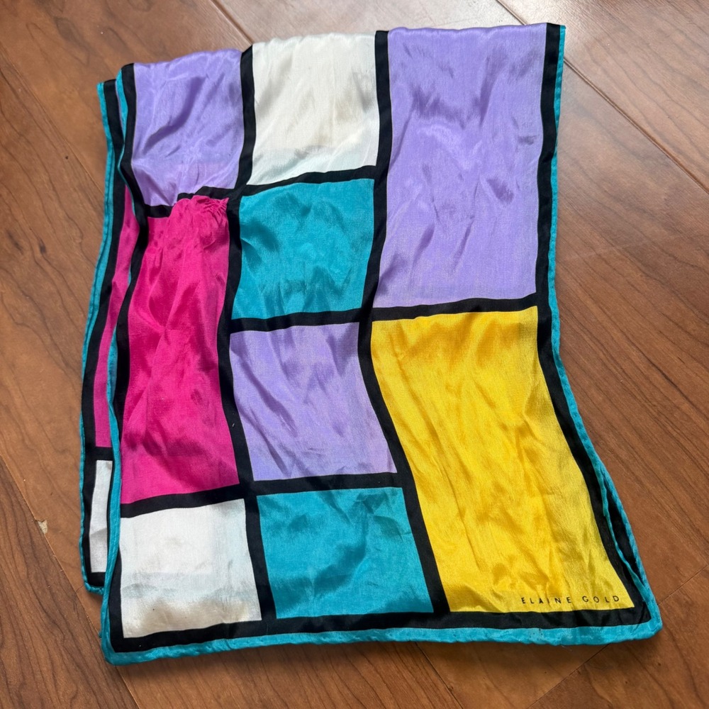 Elaine Gold Vintage Silk Scarf Geometric Colorblock Art Deco Style Statement